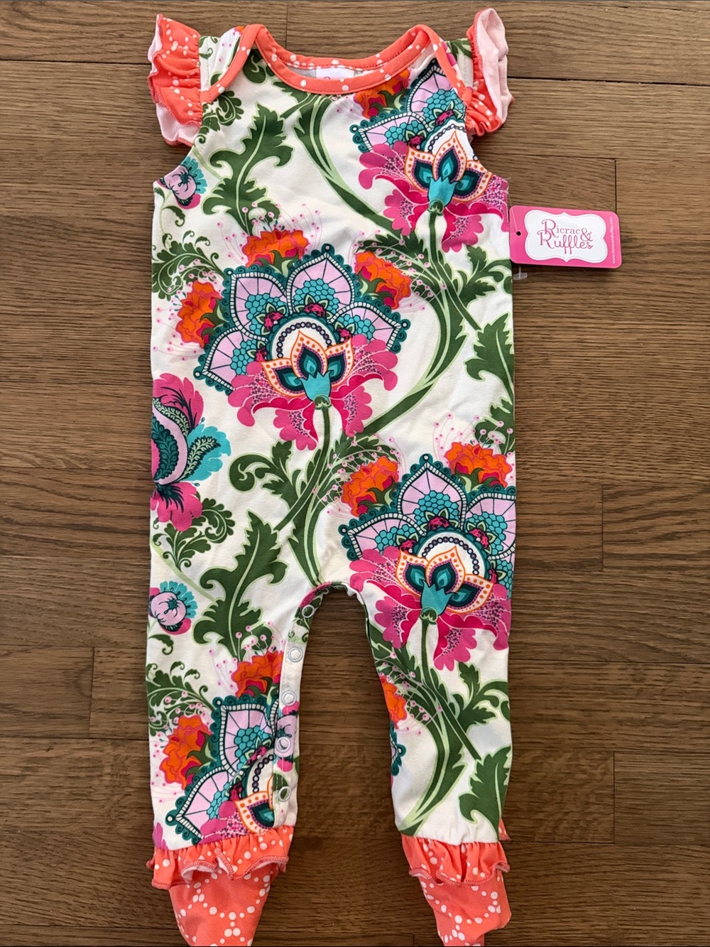 RuffleButts Floral Ruffle-Trim One-Piece Bodysuit in Pink & Green